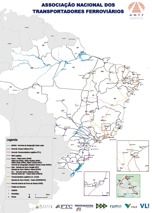 Mapa da malha ferroviária brasileira em 2023, com as principais ferrovias e operadoras (fonte: ANTF)
