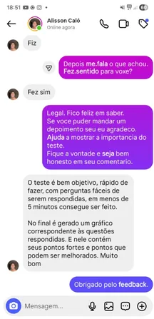 Depoimento de aluno sobre o Raio-X de Carreira: teste objetivo com gráfico de pontos fortes e a melhorar